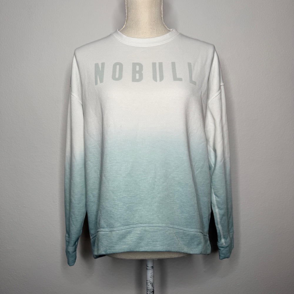 NOBULL Sweatshirt Ombre Graphic Logo White Blue Crewneck Long Sleeve Size S